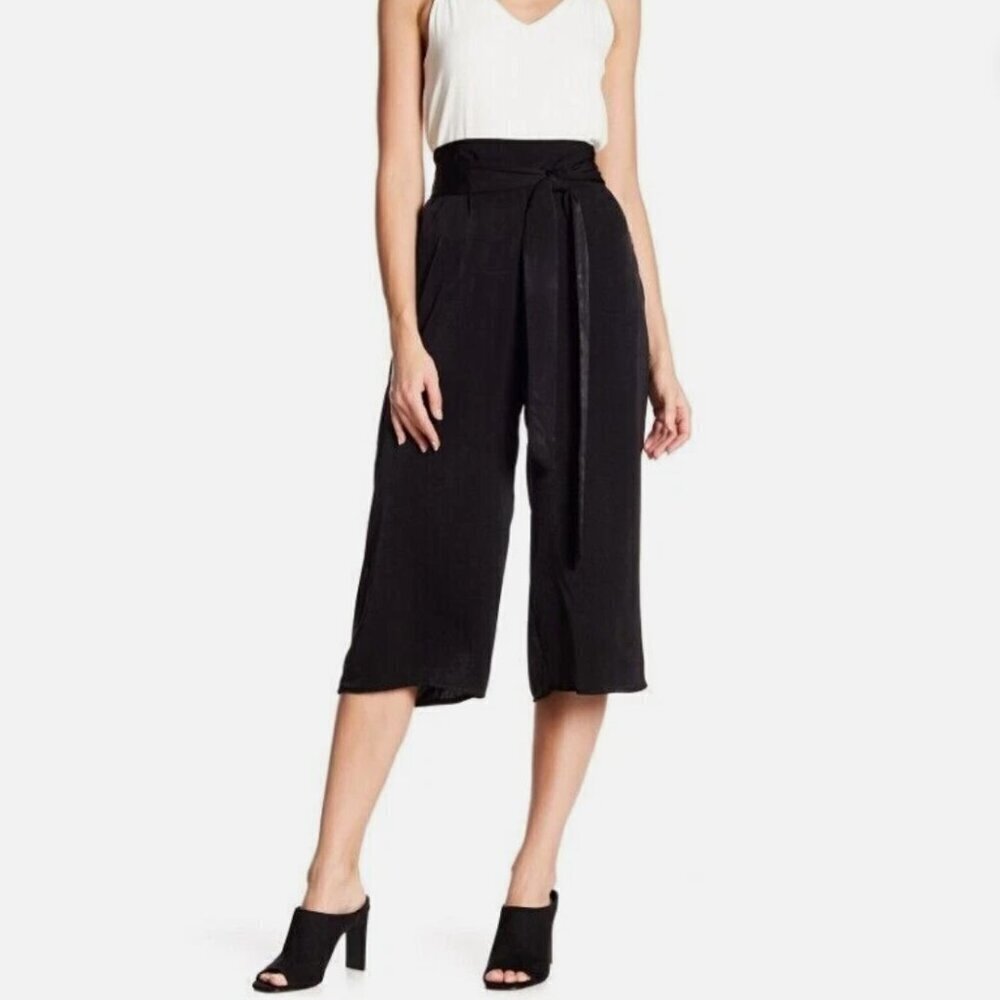 West Kei Women's Size Small Cropped Wide Leg Tie Waist Pants Black‎ High-Rise